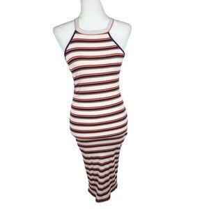 Promesa Dress Women Small White Rainbow Striped Tank Sleeveless Ribbed Knit Maxi